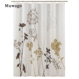Muwago Silhouette Flower Shower Curtains Polyester Fabric Plants Brown Beige Leaves Waterproof Mildew Floral Bathroom Curtains
