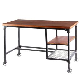 Industrial Style Wood and Metal Desk with Two Bottom Shelves; Brown and Black