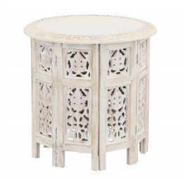 18 Inch Handcrafted Accent Side Table with Elegant Carving and Foldable Mango Wood Frame Distressed White;  DunaWest
