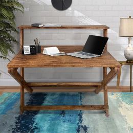 42 Inch Rectangular Mango Wood Home Office Desk; Top Shelf; X Shaped Folding Frame; Brown; DunaWest