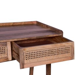 39 Inch Handcrafted Mango Wood Farmhouse Writing Desk; 2 Rattan Front Drawers; Oak Brown; DunaWest