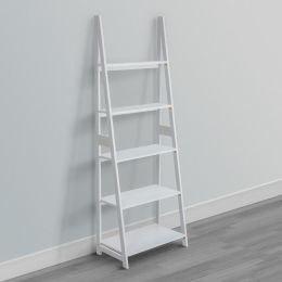 Iza 70 Inch Rubberwood Ladder Bookshelf; 5 Tier Storage; A Shaped Frame; White; DunaWest