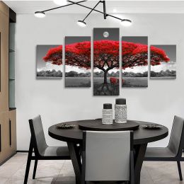 Canvas Wall Art Red Tree Wall Art with Moon Black and White Landscape Pictures for Wall Decor Large Pictures for Living Room 5 Pieces