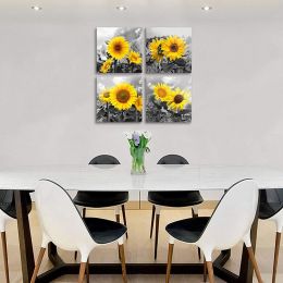 4 Pieces Sunflower Wall Art Black and Yellow Pictures for Living Room Floral Paintings for Wall Decorations