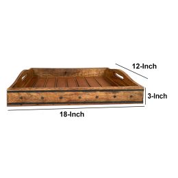 Rectangular Farmhouse Wooden Tray with Rivets Accent and Metal Trim; Brown; DunaWest