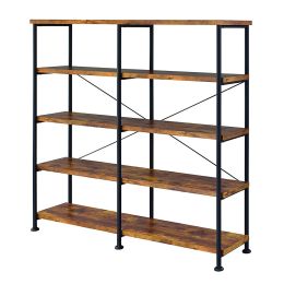 63 Inch Industrial 4 Tier Shelf Bookshelf; Particleboard; Metal Frame; Brown; Black; DunaWest