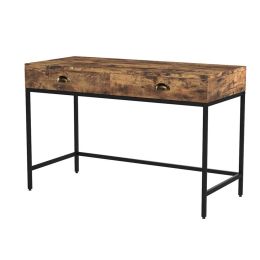 Industrial Grained Wooden Computer Desk with 2 Drawers; Brown and Black; DunaWest