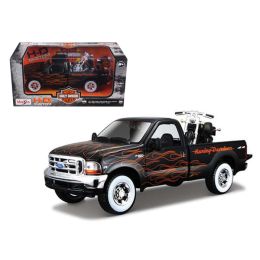 1999 Ford F-350 Super Duty Pickup Black with Flames 1/27 & 2002 Harley Davidson FLSTB Motorcycle Night Train 1/24 Diecast Models by Maisto
