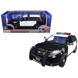 2015 Ford Police Interceptor Utility Black and White with Flashing Light Bar and Front and Rear Lights and 2 Sounds 1/18 Diecast Model Car by Motormax