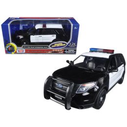 2015 Ford Police Interceptor Utility Black and White with Flashing Light Bar and Front and Rear Lights and 2 Sounds 1/24 Diecast Model Car by Motormax
