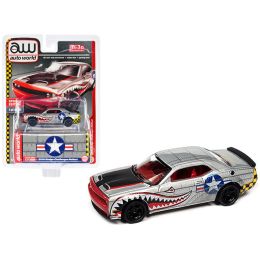 2019 Dodge Challenger Hellcat Silver Metallic with Shark Teeth Graphics Limited Edition to 3600 pieces Worldwide 1/64 Diecast Model Car by Auto World