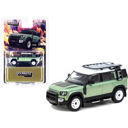Land Rover Defender 110 with Roof Rack Light Green Metallic with White Top 1/64 Diecast Model Car by Tarmac Works