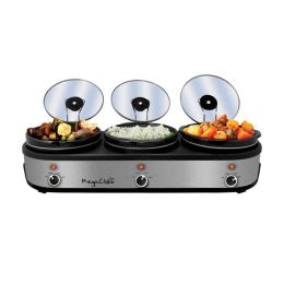 MegaChef Triple 2.5 Quart Slow Cooker and Buffet Server in Brushed Silver and Black Finish with 3 Ceramic Cooking Pots and Removable Lid Rests